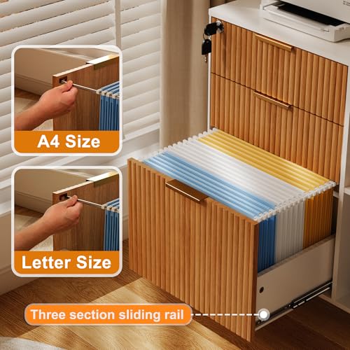 3 Drawer Fluted Mobile Filing Cabinet with Lock, Lateral Rolling Under Desk File Cabinet, Wooden Printer Stand Table for Home Office Essentials Storage Organization Furniture Letters/A4(Oak) - color: Oak-white
