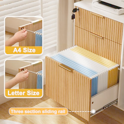 3 Drawer Fluted Mobile Filing Cabinet with Lock, Lateral Rolling Under Desk File Cabinet, Wooden Printer Stand Table for Home Office Essentials Storage Organization Furniture Letters/A4(Oak) - color: Oak-white