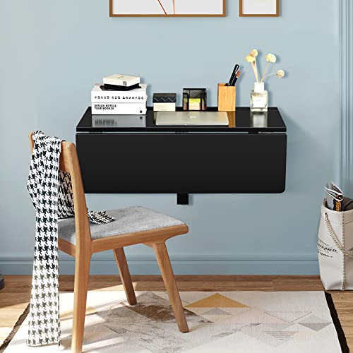 COSTWAY Wall Mounted Folding Table, 31.5" x 23.5" Drop-Leaf Floating Writing Desk for Small Spaces, Space-Saving Fold Down Laptop Workstation for Kitchen, Bedroom, Laundry Room, Study Room (Black) - color: Black