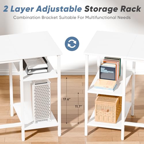 L Shaped Gaming Desk with Power Outlet & 2 Monitor Stands, Computer Desk with Drawer & Adjustable Storage Shelves, Large Corner Desks for Home Office, White