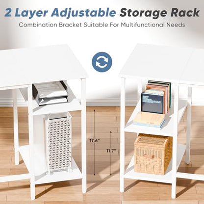 L Shaped Gaming Desk with Power Outlet & 2 Monitor Stands, Computer Desk with Drawer & Adjustable Storage Shelves, Large Corner Desks for Home Office, White