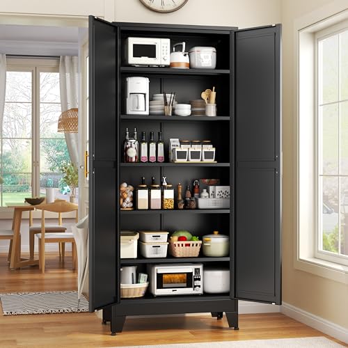 GAIOUS 75.2" Tall Storage Cabinet, Pantry Storage Cabinets with 2 Door and 5 Adjustable Shelves, Black Kitchen Food Cabinet, Metal Utility Cabinets for Kitchen, Dinning Room, Laundry Room - color: Black, size: 15.7"D x 31.5"W x 75.2"H