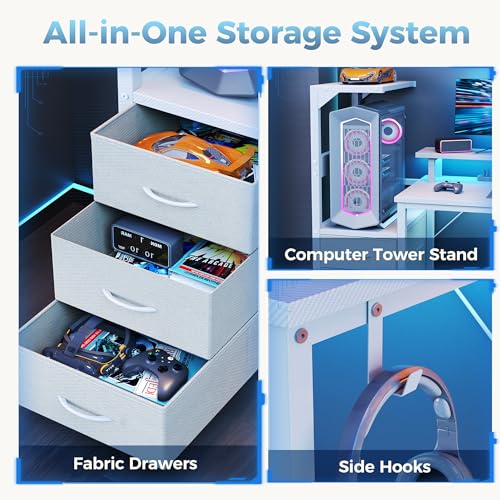 52" Reversible Gaming Desk with LED Lights Power Outlets, White | Computer Desk with Drawers Can be Used to Store Odds and Handles, Elevated PC Stand To Help You Showcase Your DIY Cases. - color: White, size: 53 In