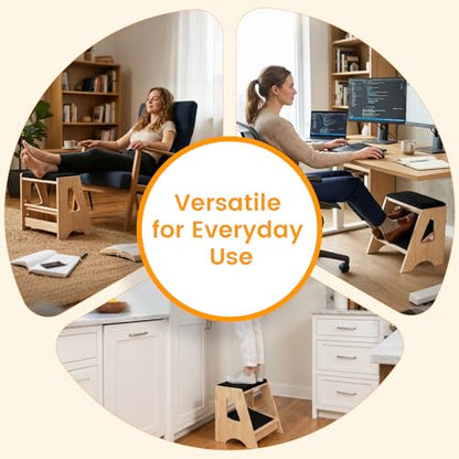 Double Step Footrest Under Desk,4 Adjustable Heights with Adjustment Stem | Adjustable lErgonomic Foot Stool Under Desk for Home &Office,Cushioned Top &Non-Slip Surface,Excellent Pine Wood