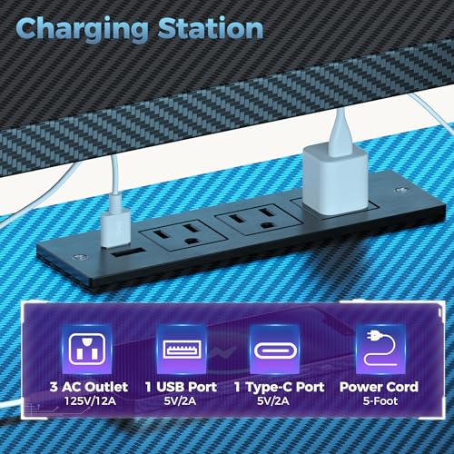 52" Reversible Gaming Desk with LED Lights Power Outlets, Black | Computer Desk with Drawers Can be Used to Store Odds and Handles, Elevated PC Stand To Help You Showcase Your DIY Cases. - color: Black, size: 53 In