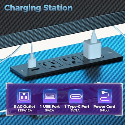 52" Reversible Gaming Desk with LED Lights Power Outlets, Black | Computer Desk with Drawers Can be Used to Store Odds and Handles, Elevated PC Stand To Help You Showcase Your DIY Cases. - color: Black, size: 53 In