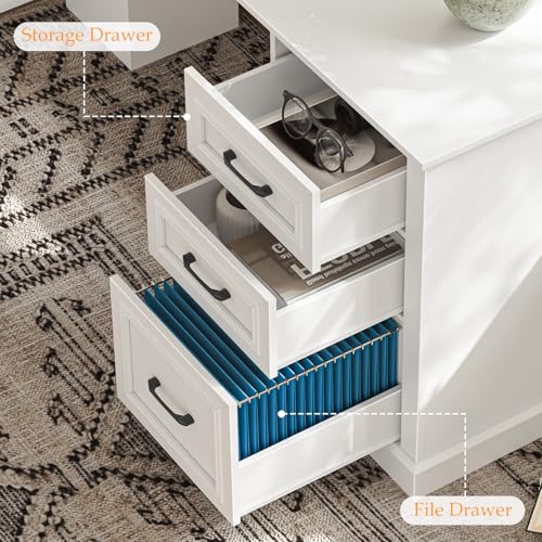Vabches Farmhouse 59" L-Shaped Executive Desk with Drawers, Cream White - color: Cream White