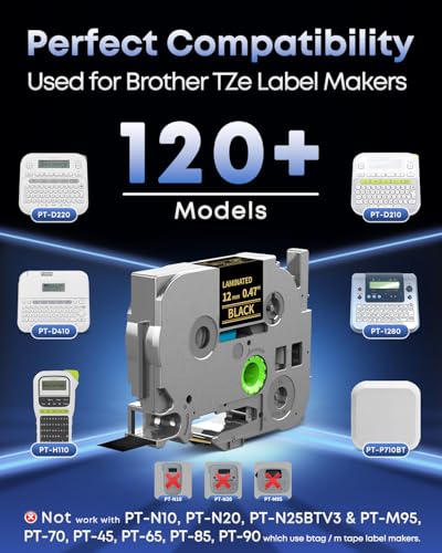 Replace for Brother P Touch Label Tape Gold on Black TZe-334 TZ Tape 12mm | TZe334 Laminated 0.47" for Brother Ptouch PT-D220 D210 H110 H103W D410 1280 D610BT Label Maker Refills, 1/2" x 26.2' , 5-Pack - color: Gold on Black