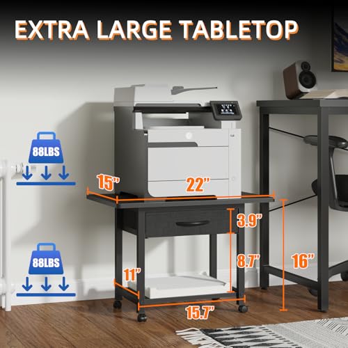 YAOHUOO 22"x15" Large Printer Stand with Drawer, 2-Tier Rolling Table Cart - color: Black, size: 2-Tier