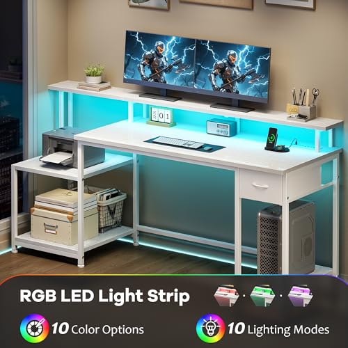 DurayLoly Office Desk with 55" Long Monitor Stand, 18" Ample Printer Space | Storage Drawer and File Shelves,Versatile RGB LED Lighting,Built-In USB Outlet,Sturdy Metal Frame,Bedroom Writing Desk,White - color: White