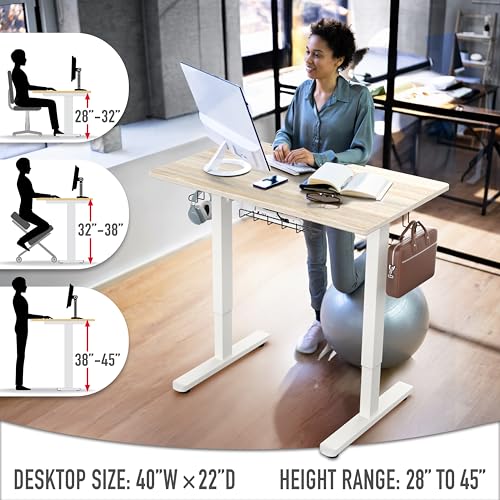 SHW 40 x 22 Inches Electric Height Adjustable Sit to Stand Desk, Maple | with Hanging Hooks and Cable Management, White Frame and Maple Top - color: Maple, size: 40-Inch