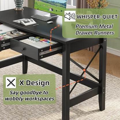 JSB 43.3 Inch Black Computer Desk with 2 Drawers for Home Office Bedroom - color: Black, size: 43.3 inch