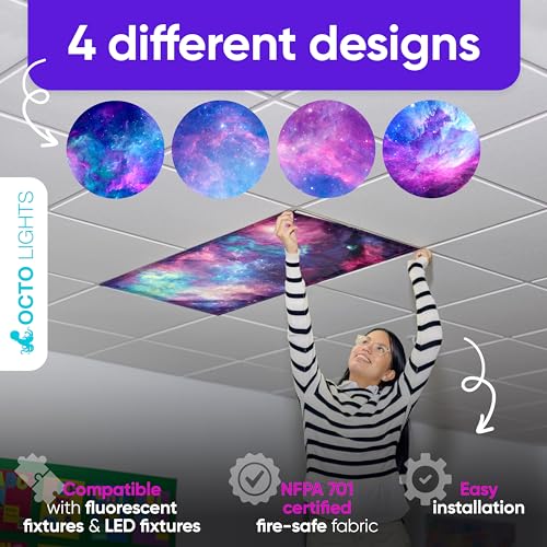 Fluorescent Light Covers for Ceiling Lights Classroom Magnetic Stars 4pk - color: Purple Nebula