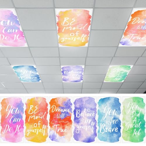 QOUBAI 6PCS Fluorescent Light Covers, 4x2 Feet Magnetic Light Cover Fluorescent Lights Shade Panel Positive Inspirational Ceiling Lights Filters for Office Classroom Home Drop Ceiling Watercolor - color: Watercolor