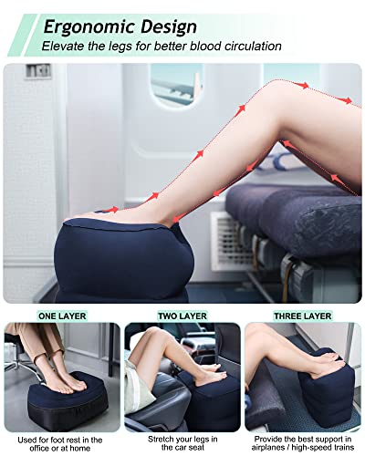 Inflatable Travel Foot Rest Pillow, Kids Airplane Bed, Adjustable 3 Layers Height Leg Rest Pillow, Adults Travel Essentials Great for Airplane, Office, Home, Trains, Cars (Blue) - color: Blue