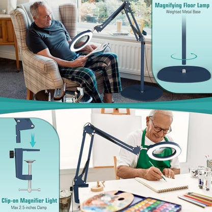 12X Magnifying Glass with Light and Stand, Real Glass Lens (Not Acrylic), 5 Color Modes, Stepless Dimmable, LED 3-in-1 Floor Lamp, Swing Arm with Clamp, Lighted Magnifier Hands Free for Crafts - Blue - color: Blue