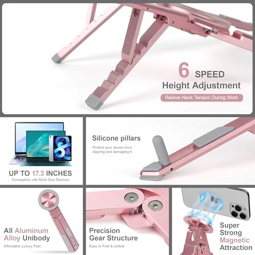 4-in-1 Portable Laptop Stand with Magnetic Phone Holder & Camera Tripod, Adjustable Aluminum Stand for Laptop, Tablet & iPhone, Foldable Ergonomic Setup for Home Office & Content Creation (Rose Gold) - color: Rose Gold