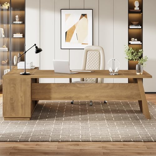 Tribesigns 78" L-Shaped Executive Desk, Large Modern Office Desk with Drawers and Lateral File Cabinet, Business Furniture with Storage Shelves, Big Computer Table for Home Office (Brown) - color: Brown