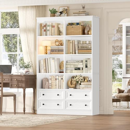 71" Tall Bookshelf with 4 Drawers White Bookshelf Office Bookcase | 6-Tier Double Wide Bookshelves and Bookcases with Storage, White Bookshelf Standing Book Cabinet for Home Office, White - color: White