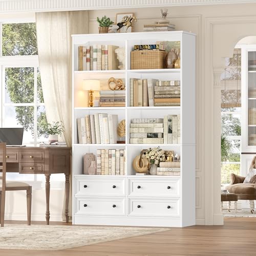 71" Tall Bookshelf with 4 Drawers White Bookshelf Office Bookcase | 6-Tier Double Wide Bookshelves and Bookcases with Storage, White Bookshelf Standing Book Cabinet for Home Office, White - color: White