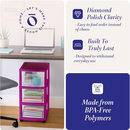 HOMZ Drawer Tower, 3-Tier Storage Cart with Removable Wheels, Purple Frame - color: Purple, size: 1 Pack