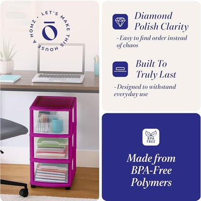 HOMZ Drawer Tower, 3-Tier Storage Cart with Removable Wheels, Purple Frame - color: Purple, size: 1 Pack
