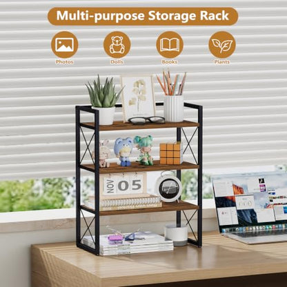 YINMIT Desk Shelf Organizer for Top of Desk with 3-Tier Open Shelves - color: Brown-3tier