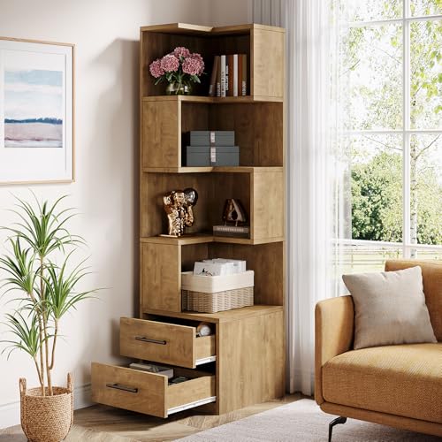 Tribesigns 5-Tier Corner Bookshelf with 2 Drawers, 66.9-Inch Tall Corner Bookcase Shelf, Modern Simple Corner Storage Cabinet Display Rack Shelf for Living Room, Home Office (Natural Brown) - color: Natural Brown
