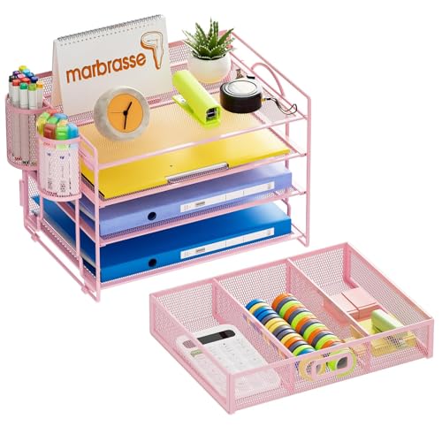 Marbrasse Desk Organizer, 4-Tier Paper File Letter Tray, Pink-2P | Sturdy Paper Tray, File Holder, Built-in Drawer, 2 Pen Slots, fits Letters/Files, for School Home Office Supplies - color: Pink with Pen Holder 2P
