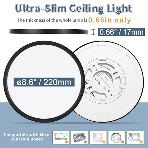 6 Pack 8.6 Inch LED Flush Mount Ceiling Light, ETL ,18W, 1822LM, 3000K/3500K/4000K/5000K/6500K CCT Selectable, 0.66in Ultra Thin Round Flat Panel Ceiling Light Fixture for Bedroom, Kitchen, (Black) - color: Black, size: 8.6"-6pack