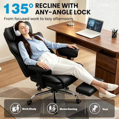ALLGOD Office Desk Chair, Big and Tall Executive Chair with Lumbar Support, High Back Computer Gaming Chair, PU Leather with Pocket Spring Cushion, Adjustable Armrests and Footrest, Black - color: Black