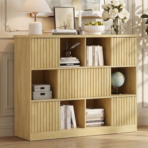 Einhomn 12 Cube Storage Organizer with Sliding Doors, Modern Fluted Bookshelf with Storage Cabinet, Wooden Bookcase with 6 Open Shelves for Living Room, Home Office, Bedroom, Natural - color: Natural, size: 12 cube