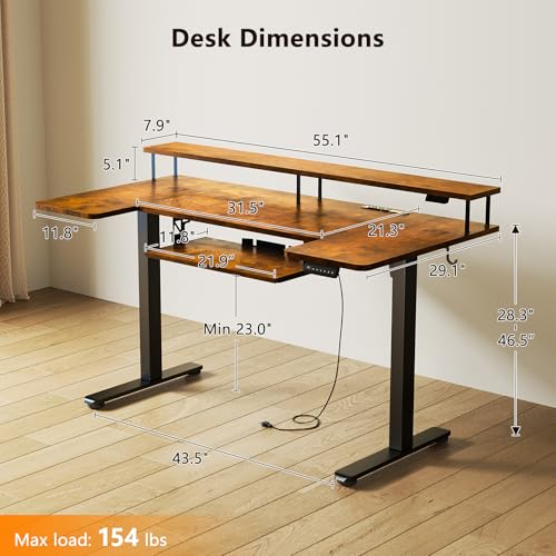 OffiGo 55 Inch U Shaped Standing Desk with Keyboard Tray, Rustic Brown - color: Rustic Brown, size: 55 Inch