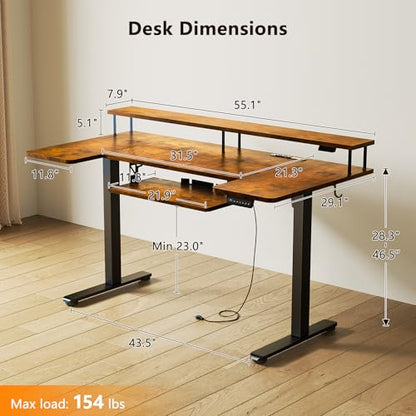 OffiGo 55 Inch U Shaped Standing Desk with Keyboard Tray, Rustic Brown - color: Rustic Brown, size: 55 Inch