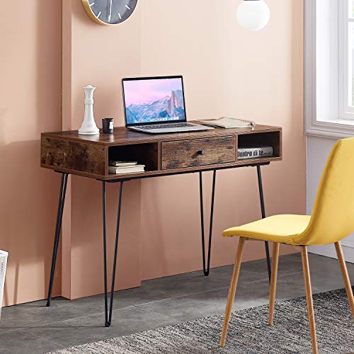 VECELO 39.3" Home Office Work Table with Drawers,Computer Desk with Hairpin Leg for Writing/Study,Retro Brown - color: Retro Brown