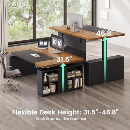 SEDETA 63" Executive Standing Desk with Storage, Executive Height Adjustable Desk with Power Outlets, Large Computer Office Desk with Privacy Panel for Home Office, Brown+Black - color: Rustic Brown