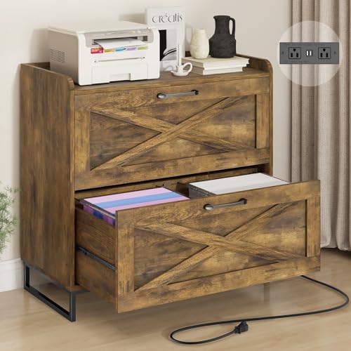 Halitaa File Cabinet 2 Drawers Lateral File Cabinet with Charging Station for Letter/Legal/A4 Size Hanging Files, Large Wood File Storage Cabinets Printer Stand for Home Office, Brown | Filing Cabinet for Letter/Legal/A4 Size Hanging Files, Large Wood Fil