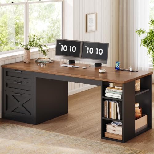 SEDETA 55.1" Farmhouse Office Desk with 3 Drawers for Home Office | Computer Desk with File Drawer & Storage Shelves, Home Office Desk with Power Outlet for Home Office,Black and Brown - color: Black and Brown, size: Executive Office Desk(55")