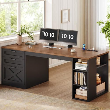 SEDETA 55.1" Farmhouse Office Desk with 3 Drawers for Home Office - color: Black and Brown, size: Executive Office Desk (55")