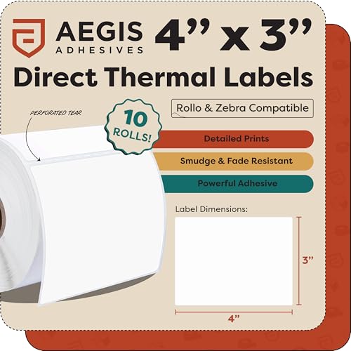 4" X 3" Direct Thermal Labels (5000 Count, 10 Rolls) | Shipping and Postage Barcode Labels, Product Packaging Identification - Compatible With Zebra and Rollo Printers - size: 4" X 3"