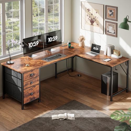 Furologee 63" L Shaped Desk, Office Corner Desk with Power Outlets, Brown | 2 Drawers & File Cabinet, USB & Type-C, Reversible Design, 2 Headphone Hook, Sturdy Frame, Computer Table for Gaming, Study - color: Rustic Brown