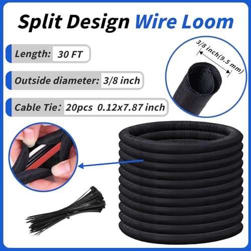 30ft - 3/8in Split Braided Sleeve Cable Management, Self-Wrapping | Flexible loom tubing protects wires from abrasion and heat. Great for automotive, TV, computer, and home electrical use. - size: 3/8inx30ft