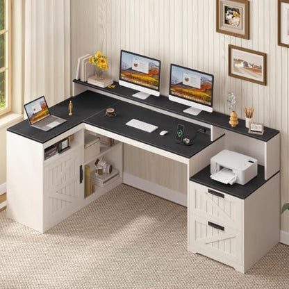 63" Farmhouse L Shaped Desk with Drawers and Printer Stand for Home Office - color: Black and White