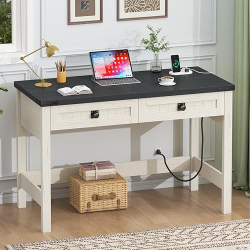 39 Inch Farmhouse Small Computer Desk with Drawers for Bedroom, Home Office - color: Black and White