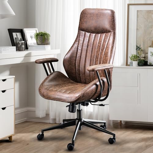 High Back Home Office Chair, Mid Century Vintage Executive Chair,Comfy Ergonomic Rolling Office Task Chair with Lumbar Support,Brown Faux Leather Office Chair,Dark Brown - color: Dark Brown,suede Fabric, size: Standard High Back