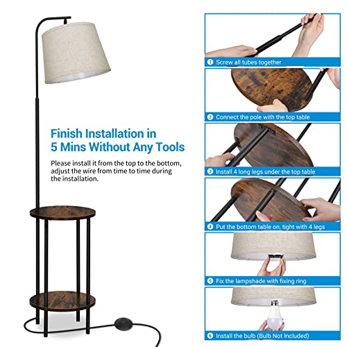 DEWENWILS Floor Lamp with Table, Wooden Nightstand, Farmhouse | Linen Lampshade, 13.18", ON/OFF Foot Switch, 2-in-1 Design, Sturdy Shelf for Living Room, Bedroom, Office Decor