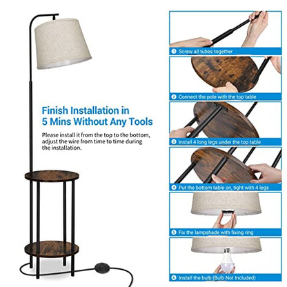 DEWENWILS Floor Lamp with Table, Wooden Nightstand, Farmhouse | Linen Lampshade, 13.18", ON/OFF Foot Switch, 2-in-1 Design, Sturdy Shelf for Living Room, Bedroom, Office Decor