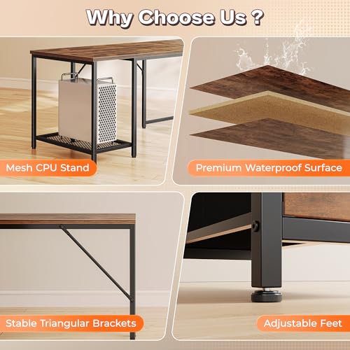PRAISUN 66" L Shaped Gaming Desk with LED Lights & Power Outlets - color: Rustic Brown