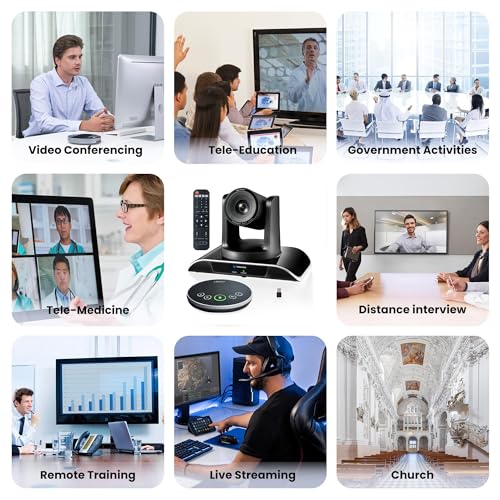 12x Zoom Conference Room Video Camera System, Al Auto-Tracking HD 1080P 60fps 12X Optical Zoom USB3.0 HDMI PTZ Camera 75° FOV and Bluetooth Conference Speaker with Microphones Bundle for Medium Room - color: Jet