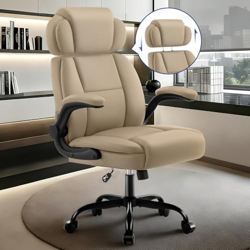 Ergonomic Office Chair with Lumbar Support, 400lbs Heavy Duty Big and Tall Executive Desk Chair, PU Leather High Back Computer Chair with Flip-Up Arms & Adjustable Headrest, Khaki - color: Khaki, size: Adjustable Headrest Office Chair